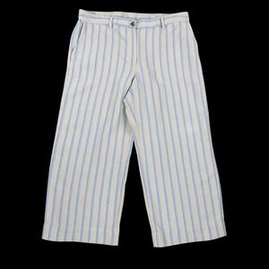 J Jill Love Linen Pant Women Large 36x25 Beige Blue Stripe Wide Leg Ankle Crop